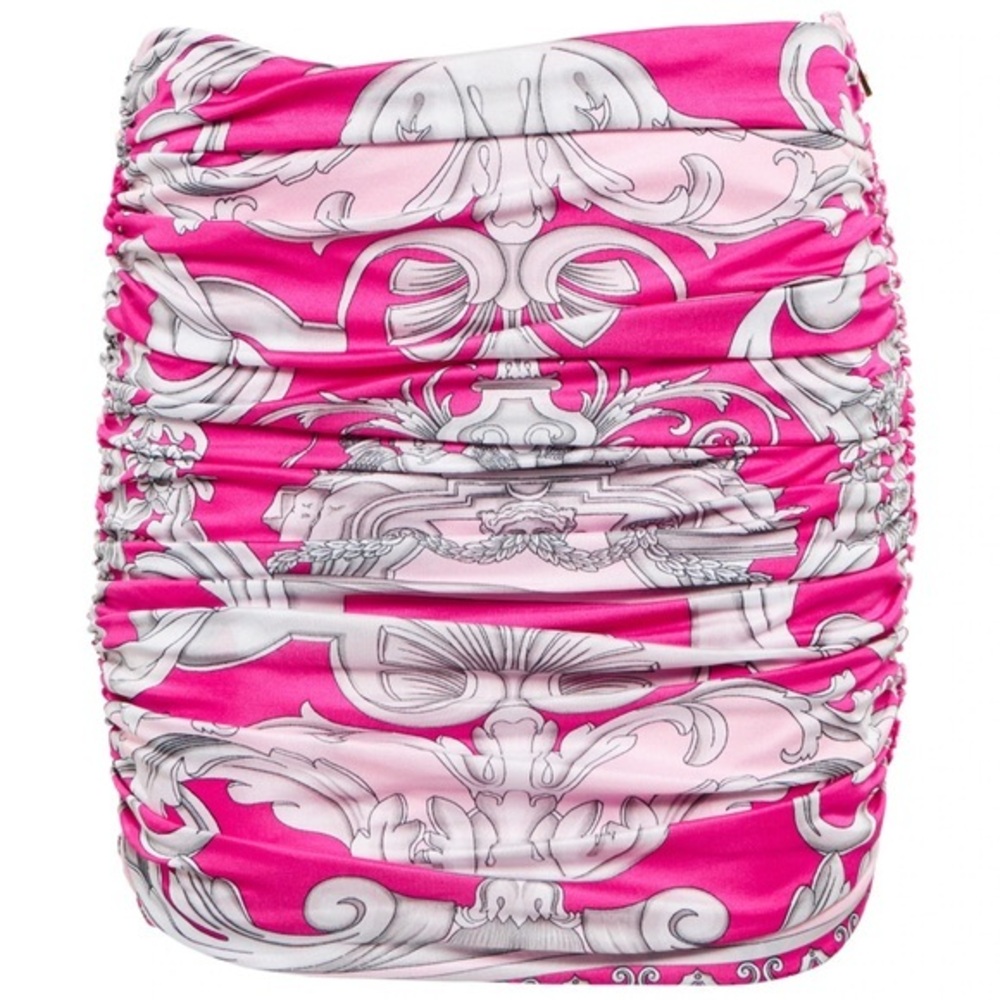 NWT • Versace Silver Baroque Ruched Mini Skirt • Black/Fuchsia Multicolored • 40